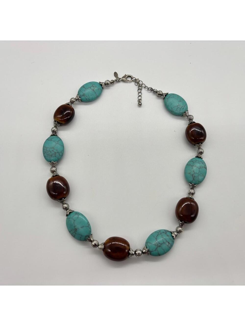 Premier Designs Brown Glass Faux Turquoise Beaded Necklace Silver Tone Rose 18.5